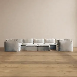 Modular Washable 9-Seater U-Sectional   Bench Ottoman in Milk | Memorix  Seat | Cloud Pillow