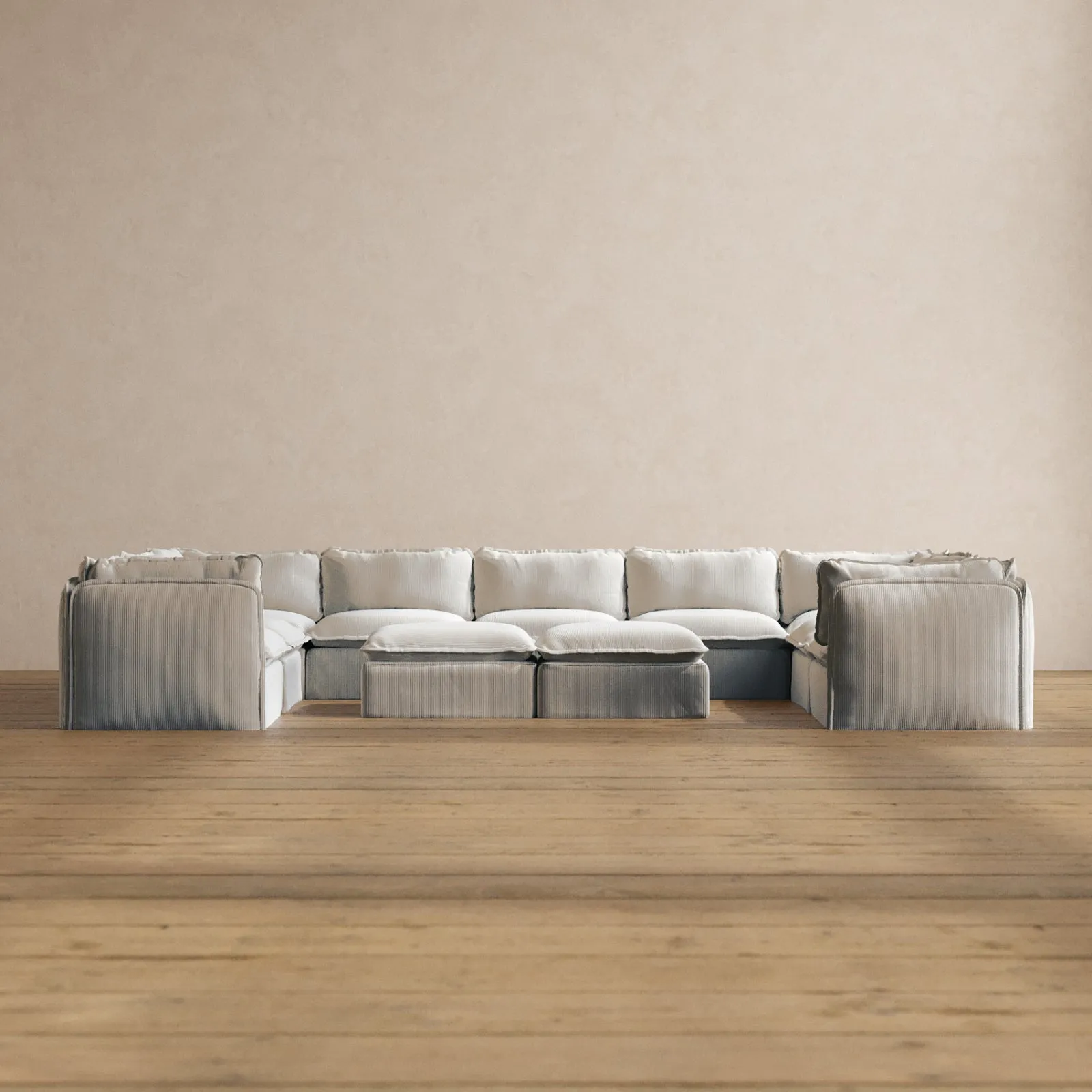 Modular Washable 9-Seater U-Sectional   Bench Ottoman in Milk | Memorix  Seat | Cloud Pillow