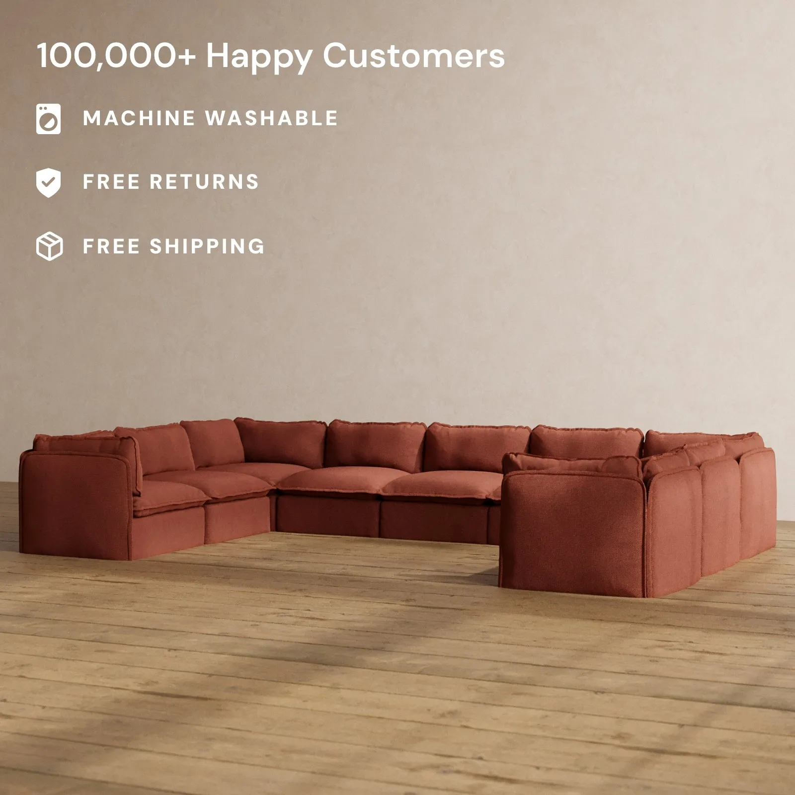 Modular Washable 9-Seater U-Sectional in Rust | Memorix  Seat | Cloud Pillow