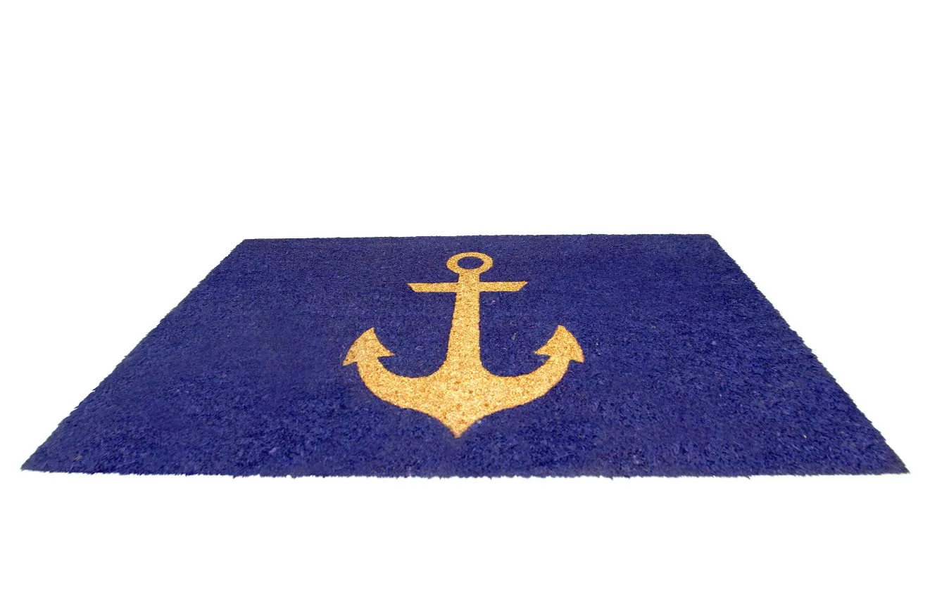 OnlyMat Elegant Golden Glitter Ship Anchor Printed Blue Natural Coir Floor Mat