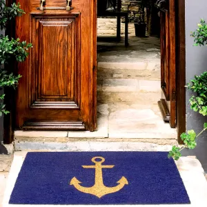 OnlyMat Elegant Golden Glitter Ship Anchor Printed Blue Natural Coir Floor Mat