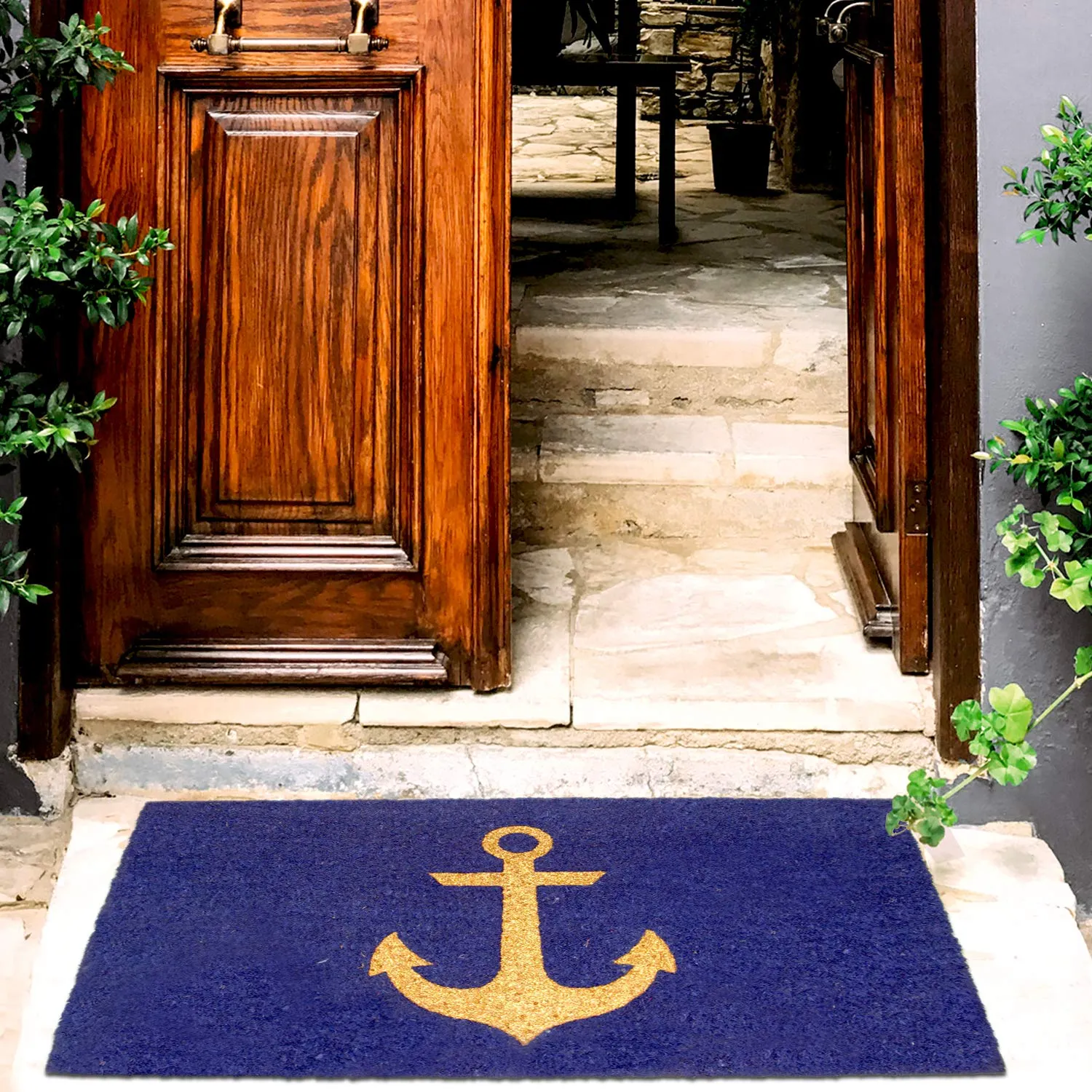 OnlyMat Elegant Golden Glitter Ship Anchor Printed Blue Natural Coir Floor Mat