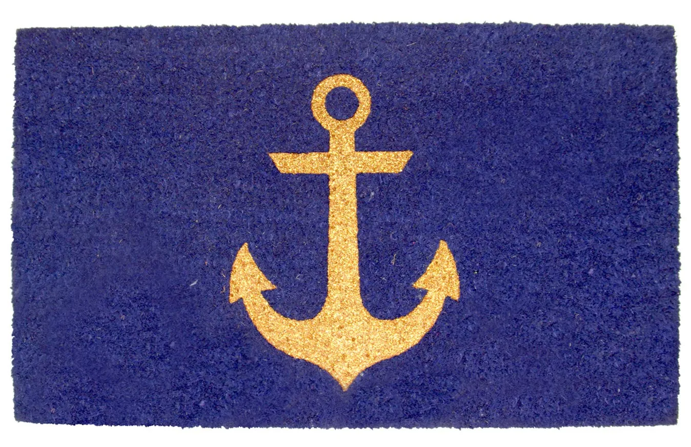 OnlyMat Elegant Golden Glitter Ship Anchor Printed Blue Natural Coir Floor Mat