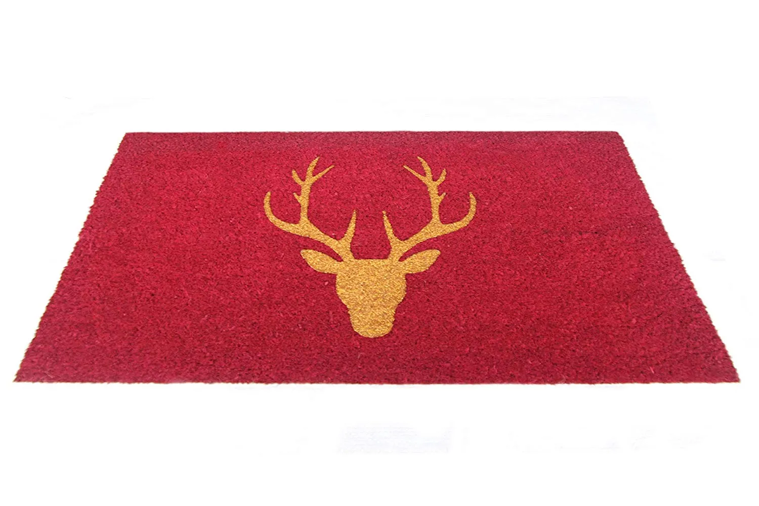 OnlyMat Stylish Christmas Glittering Golden Reindeer Head Printed Red Natural Coir Door Mat