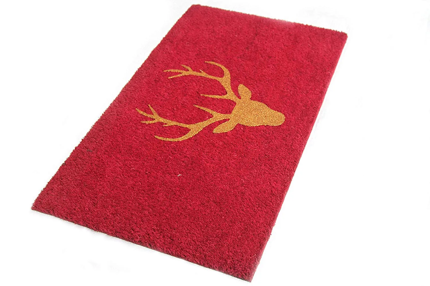 OnlyMat Stylish Christmas Glittering Golden Reindeer Head Printed Red Natural Coir Door Mat