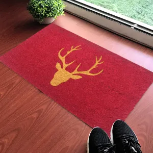 OnlyMat Stylish Christmas Glittering Golden Reindeer Head Printed Red Natural Coir Door Mat