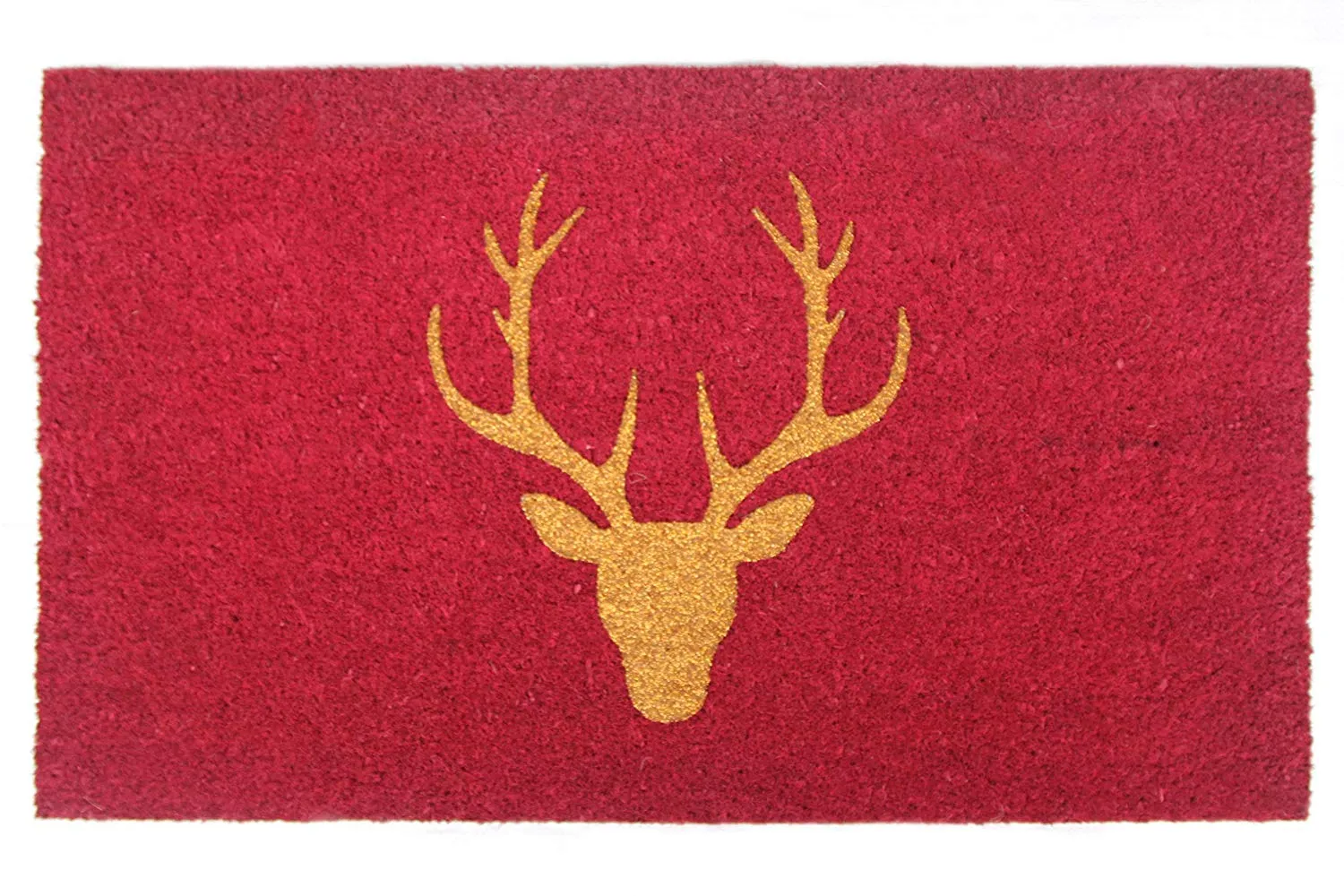 OnlyMat Stylish Christmas Glittering Golden Reindeer Head Printed Red Natural Coir Door Mat
