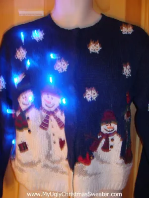 Tacky Blue Light Up Christmas Sweater Snowmen Snowflakes Red Cardinal